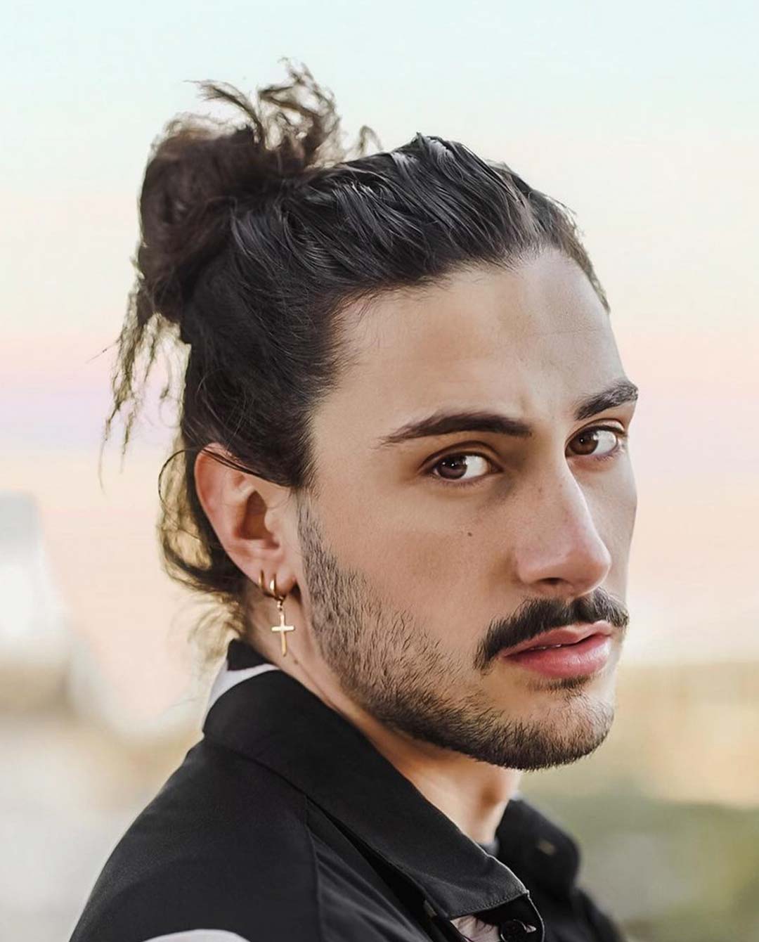 Wavy Man Bun with Mustache