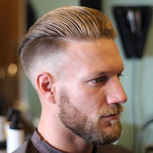 Slick Back Hair with Low Fade and Beard