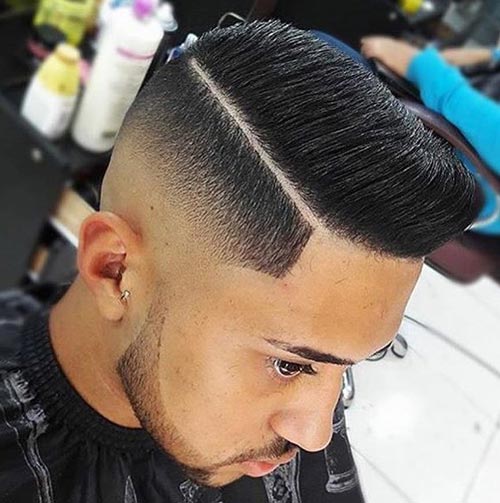 Modern Pompadour with Deep Part and Skin Fade