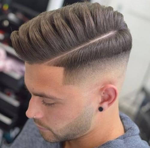 Drop Fade Pompadour with Deep Part and Quiff