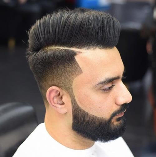 Deep Parted Pompadour with Fade and Beard