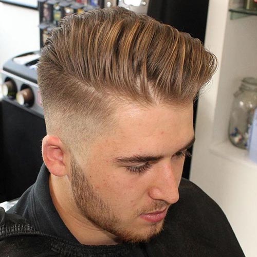 Quiff with Side Part and High Fade